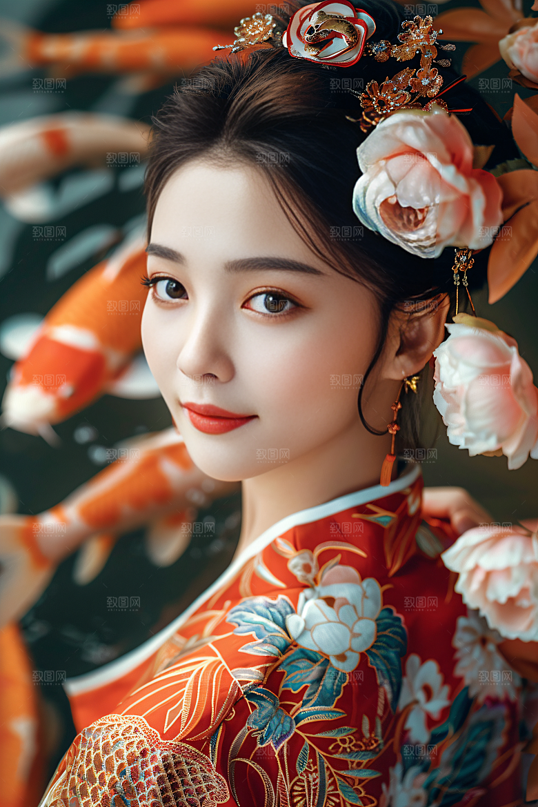 锦鲤汉服美女传统金鱼素材