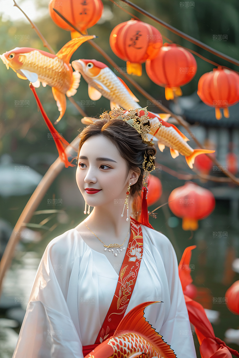 锦鲤汉服美女古风优雅素材