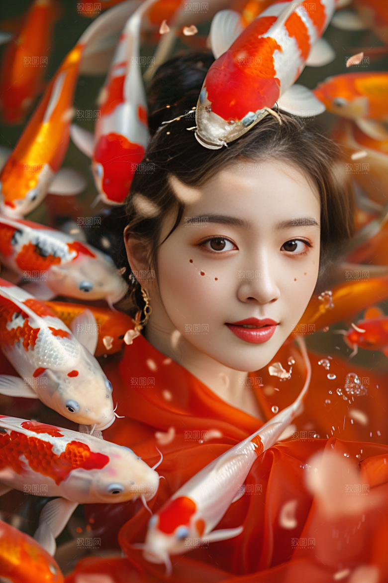 锦鲤汉服美女古风唯美素材