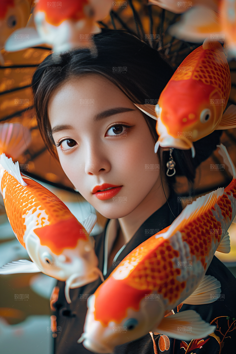 锦鲤汉服美女肖像高清素材