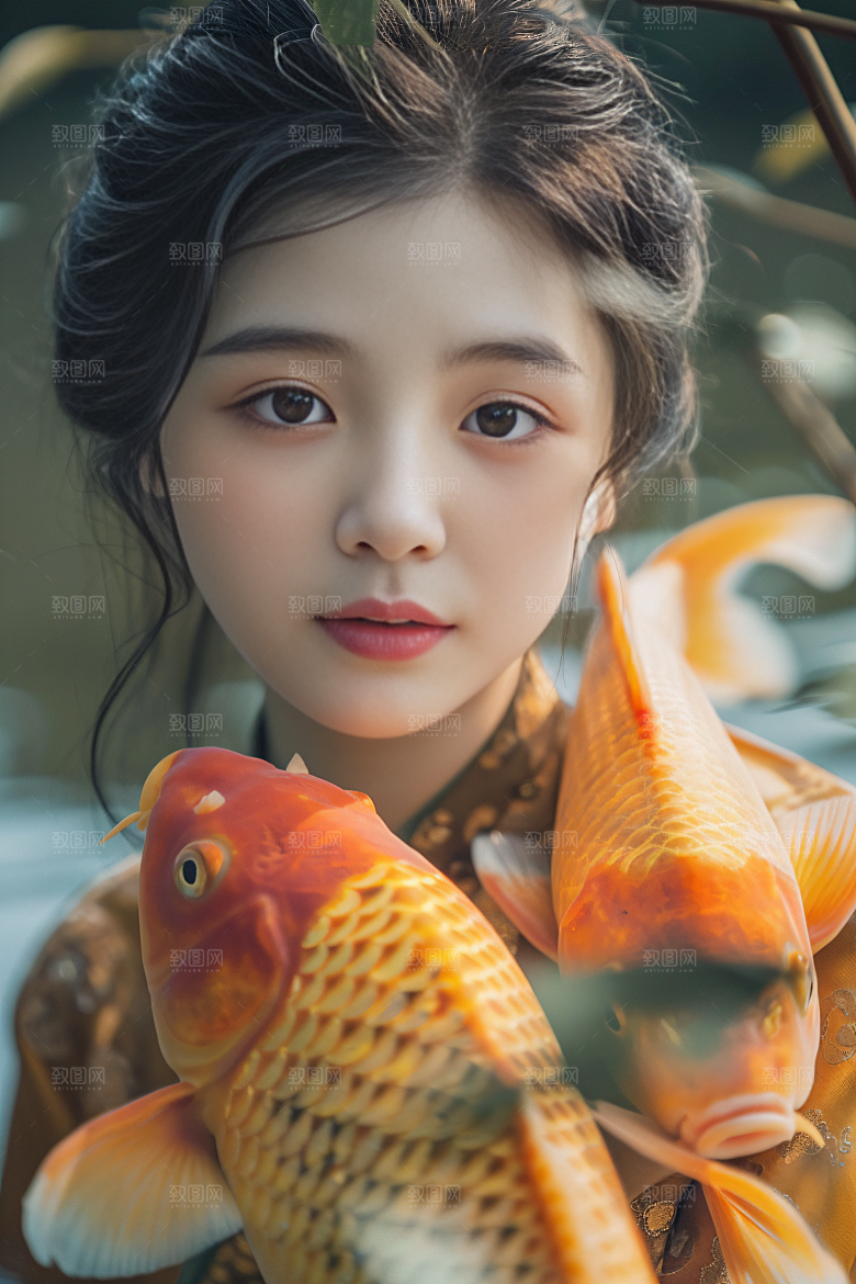 锦鲤汉服美女优雅肖像素材