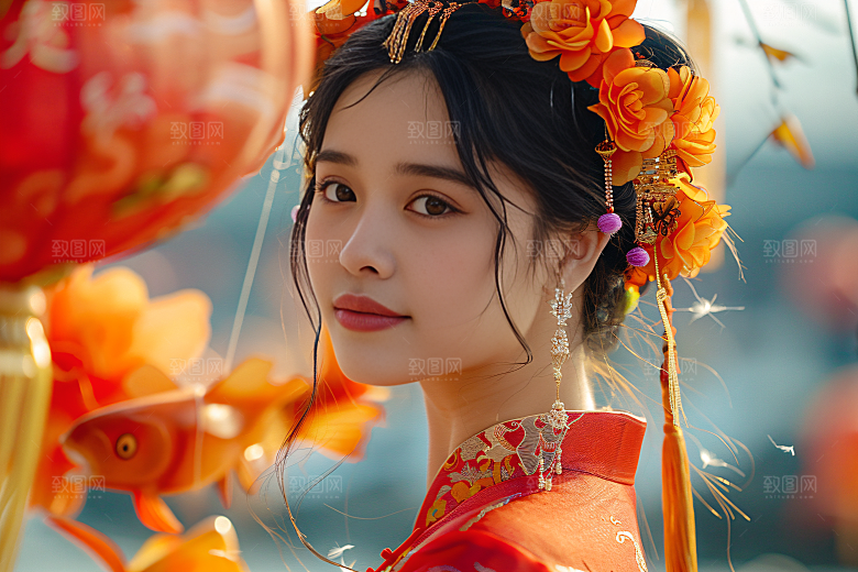 锦鲤汉服美女古风唯美素材