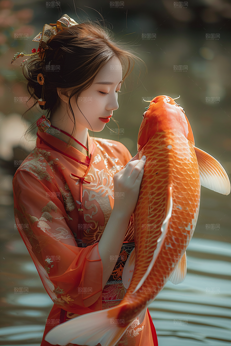 锦鲤汉服美女人像唯美素材