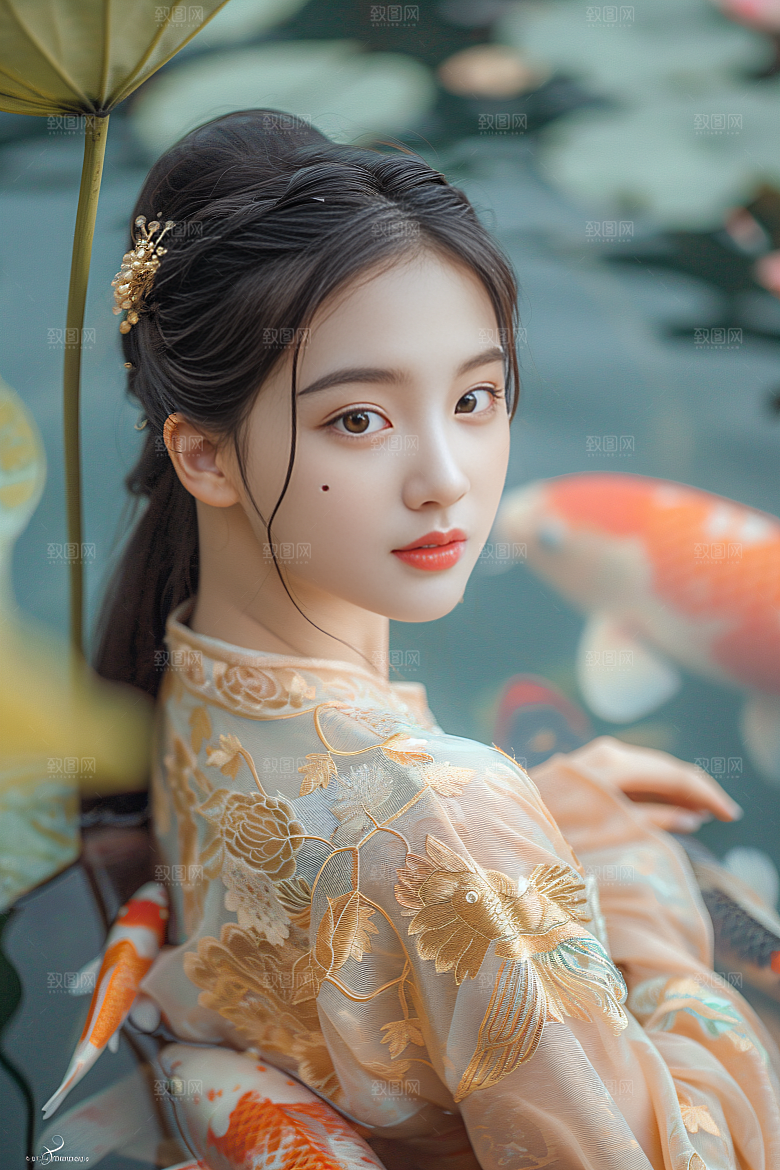 锦鲤汉服美女精致金鱼素材