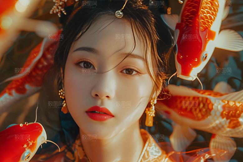 锦鲤汉服美女古风传统素材
