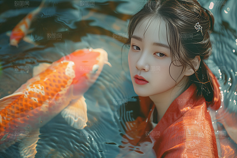 锦鲤汉服美女中国风唯美素材