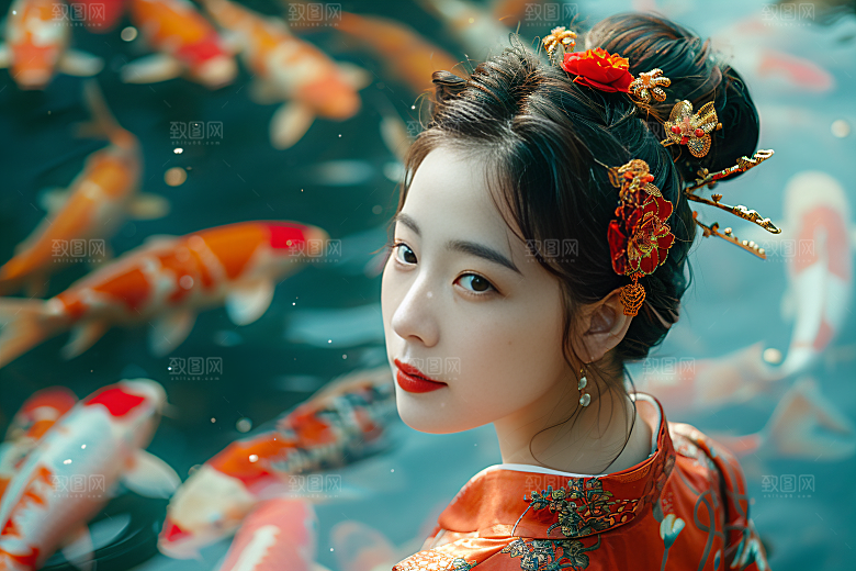 锦鲤汉服美女中国风传统素材