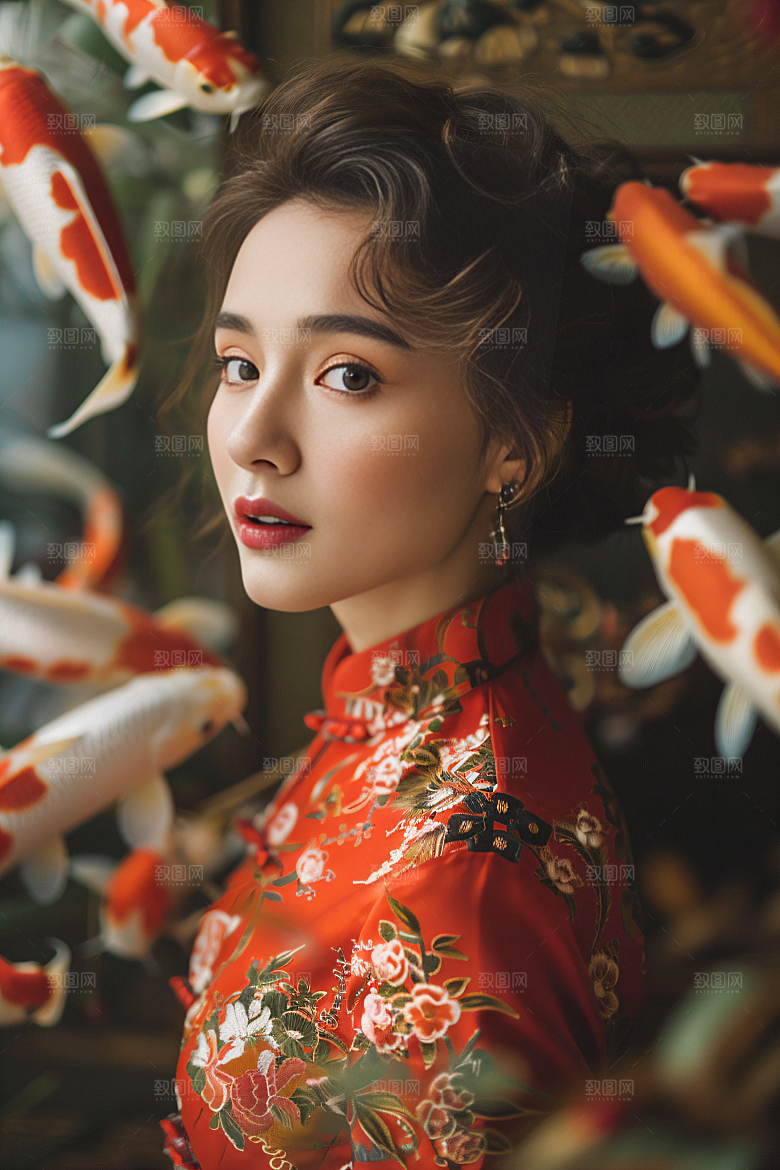 锦鲤汉服美女精致古风素材