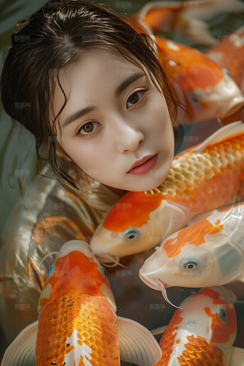 锦鲤汉服美女高清吉祥素材