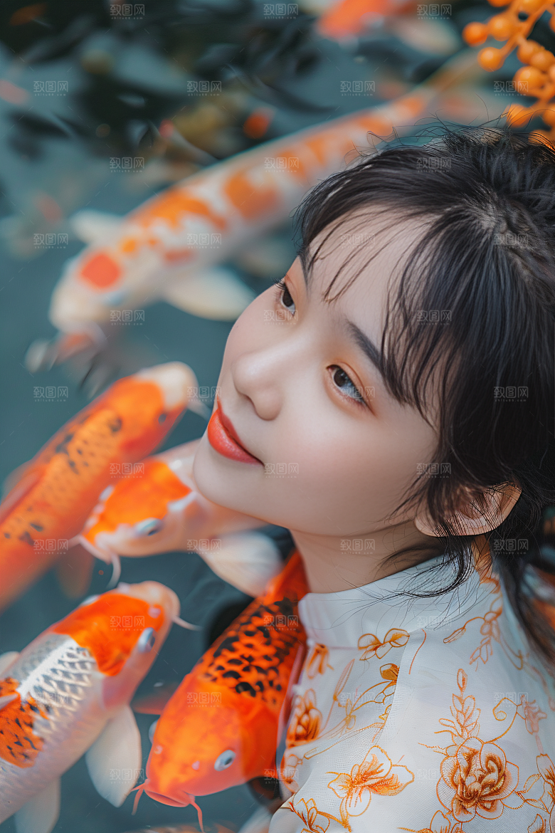 锦鲤汉服美女肖像古风素材
