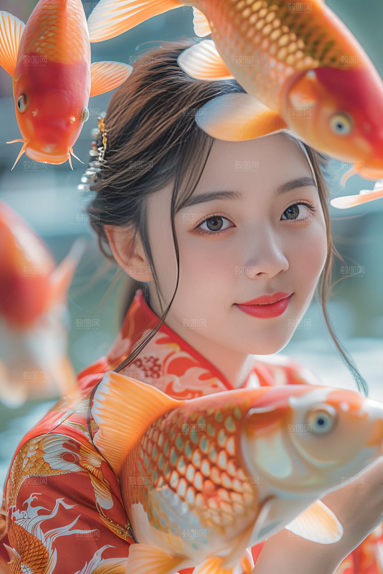锦鲤汉服美女肖像高清素材