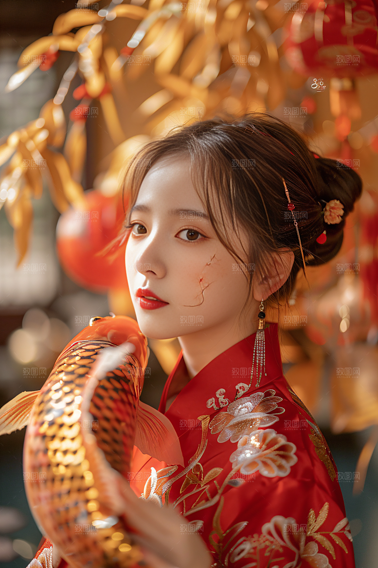 锦鲤汉服美女古风肖像素材