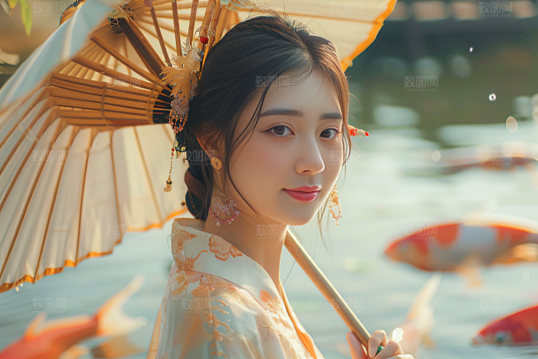 锦鲤汉服美女吉祥古风素材