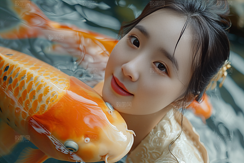 锦鲤汉服美女吉祥精致素材