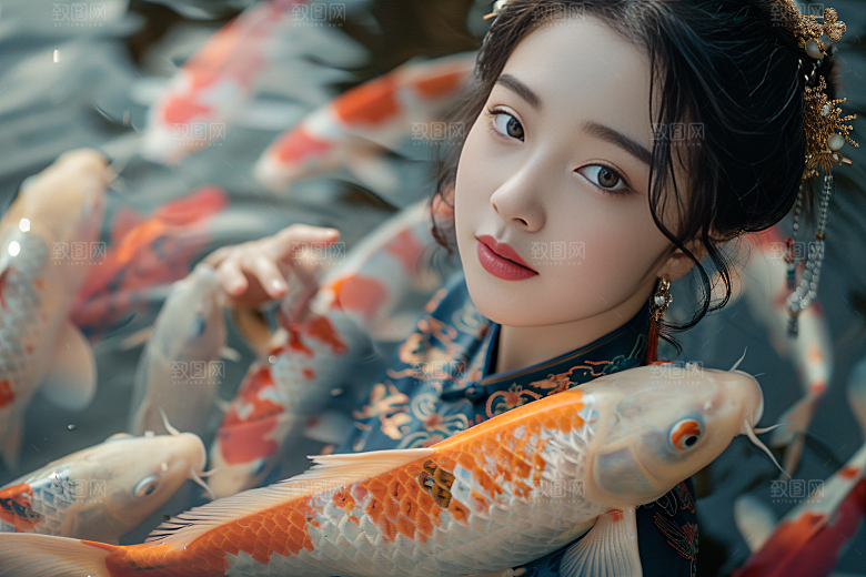 锦鲤汉服美女吉祥古风素材