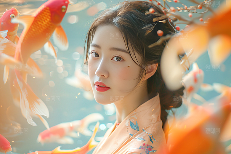 锦鲤汉服美女唯美高清素材