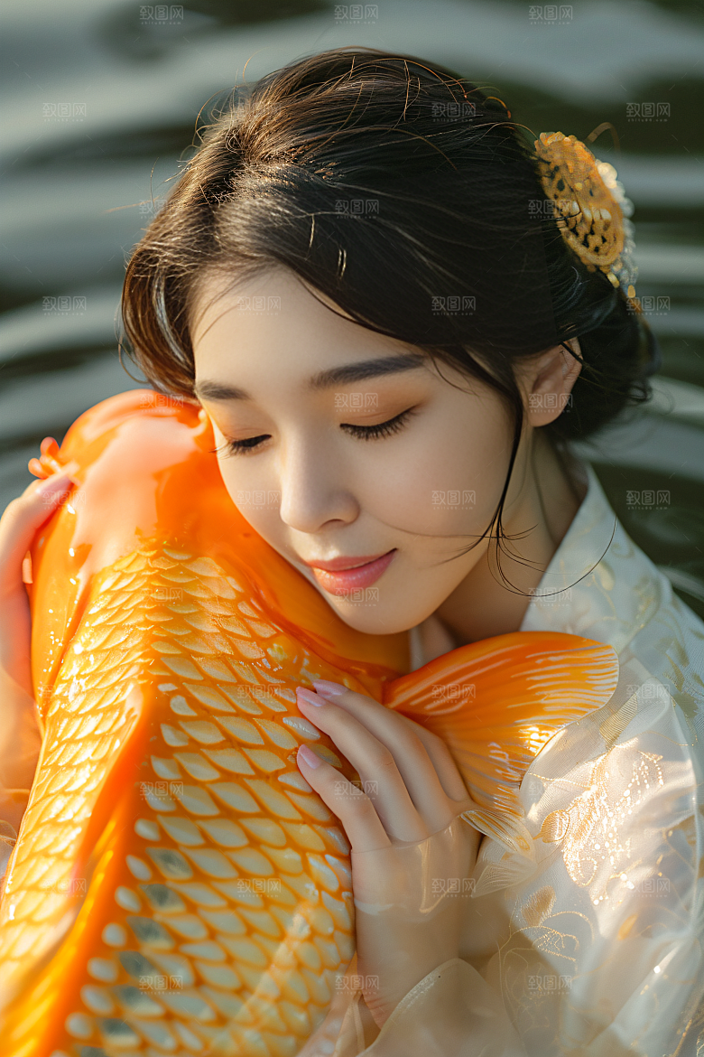 锦鲤汉服美女唯美高清素材