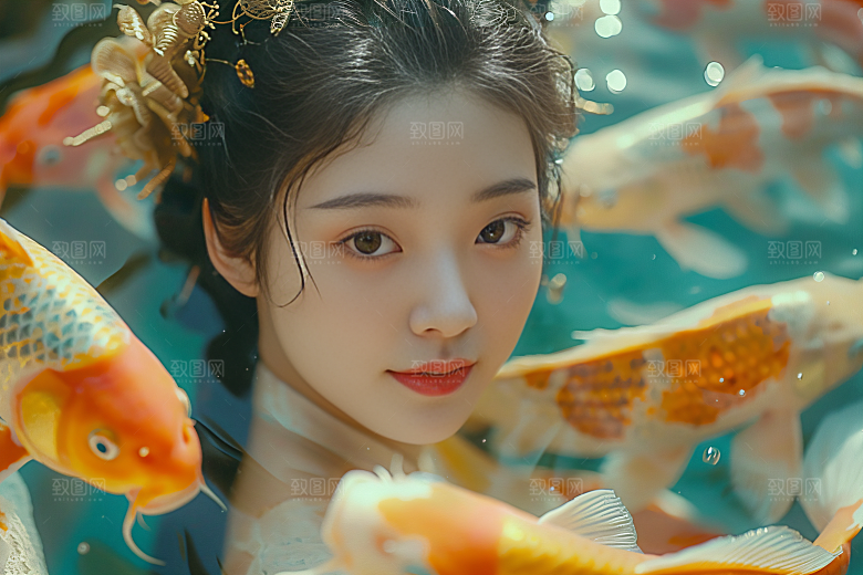 锦鲤汉服美女高清优雅素材
