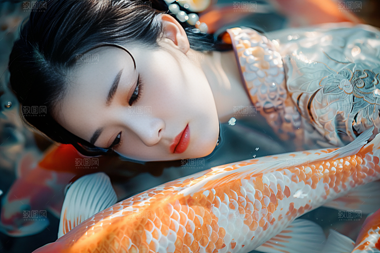 锦鲤汉服美女优雅古风素材