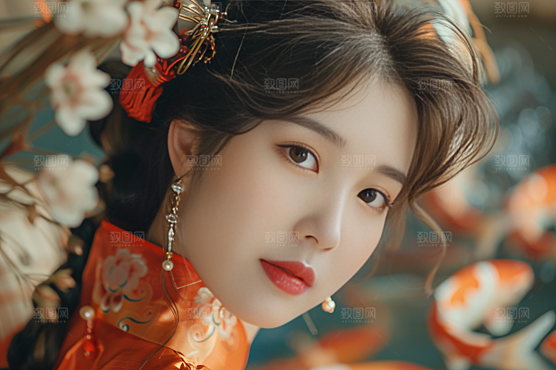 锦鲤汉服美女金鱼古风素材