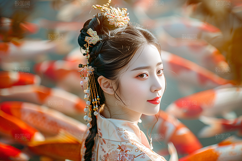 锦鲤汉服美女古风肖像素材