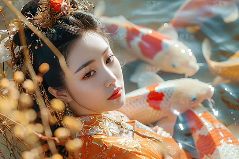 锦鲤汉服美女金鱼中国风素材