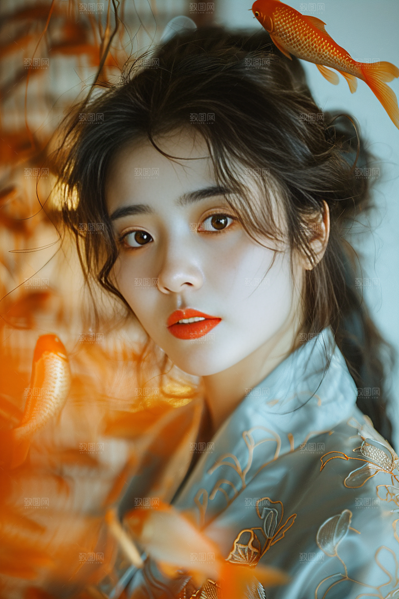 锦鲤汉服美女吉祥古风素材