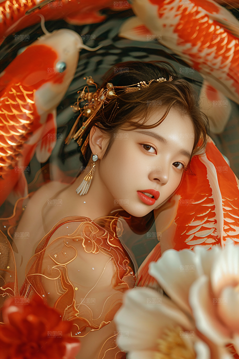 锦鲤汉服美女肖像古风素材