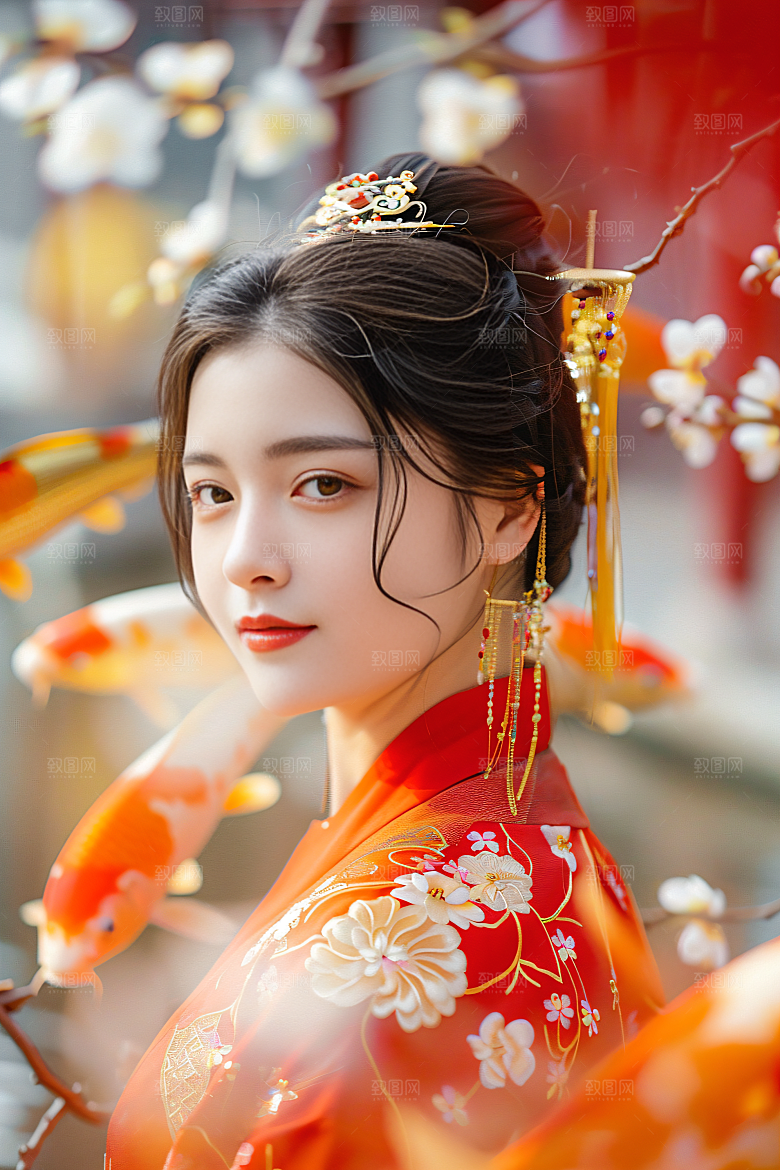 锦鲤汉服美女精致古风素材