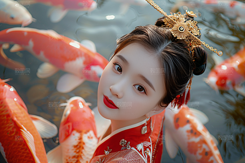 锦鲤汉服美女唯美金鱼素材