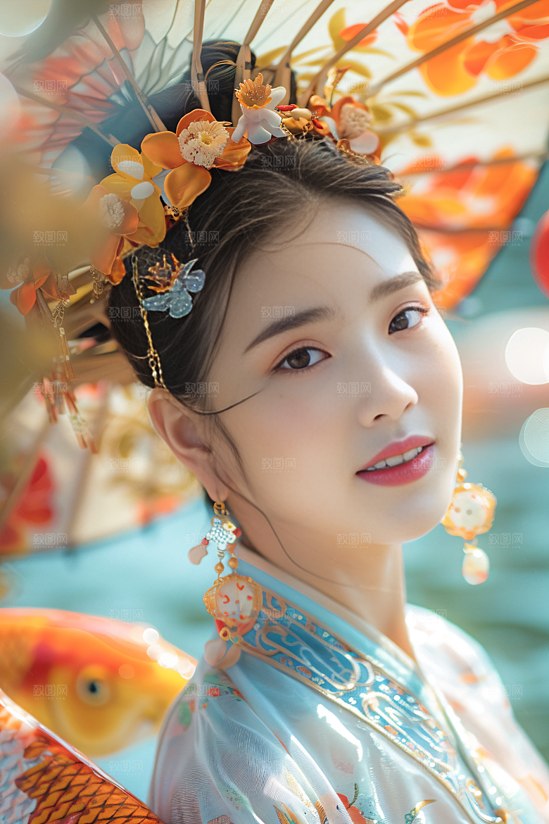 锦鲤汉服美女古风肖像素材