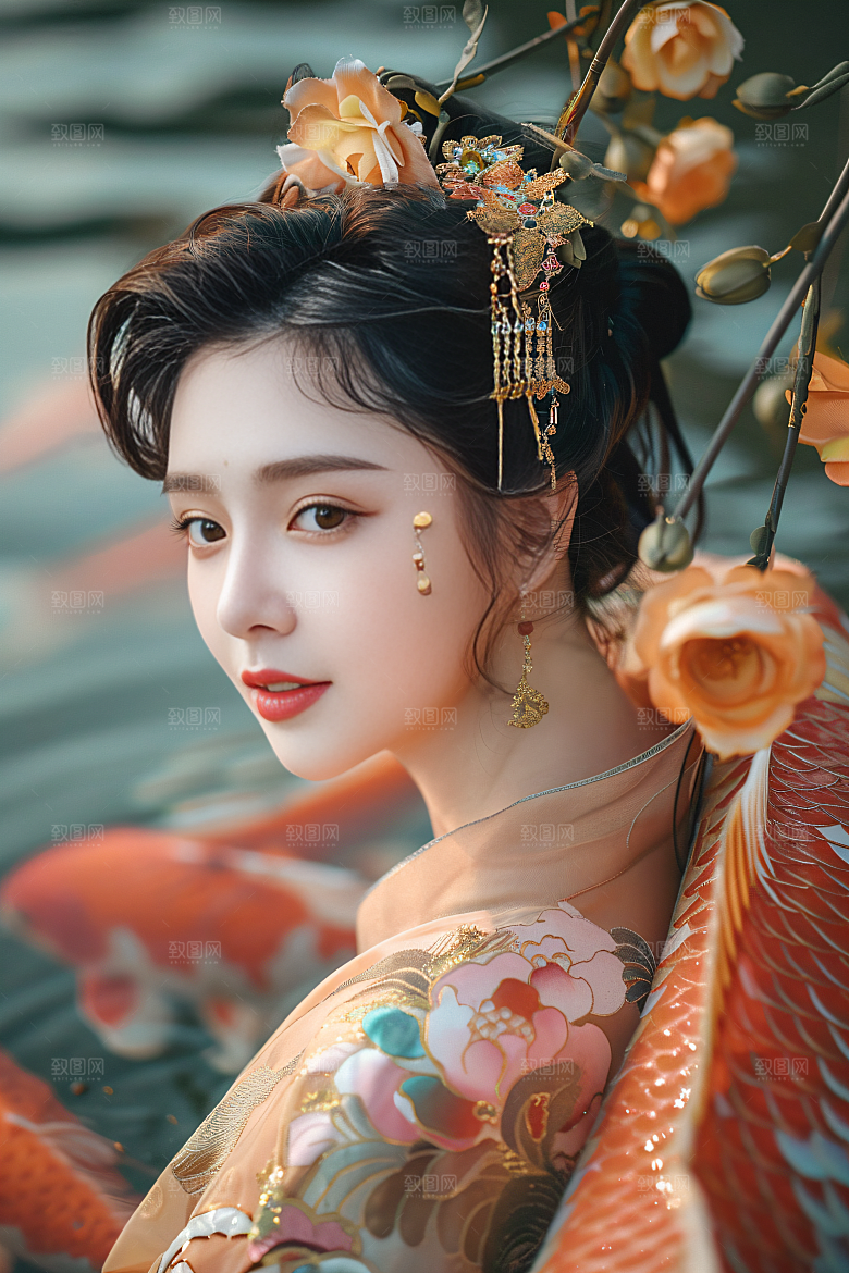 锦鲤汉服美女古风人像素材