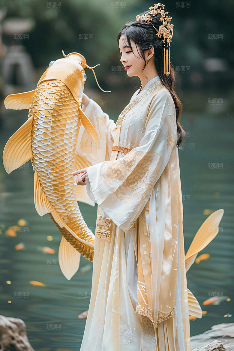 锦鲤汉服美女吉祥精致素材