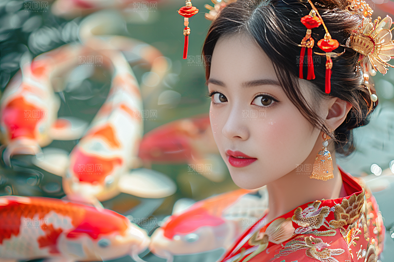 锦鲤汉服美女优雅高清素材