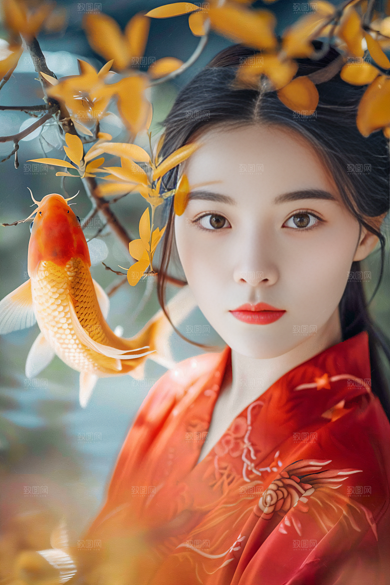 锦鲤汉服美女传统唯美素材