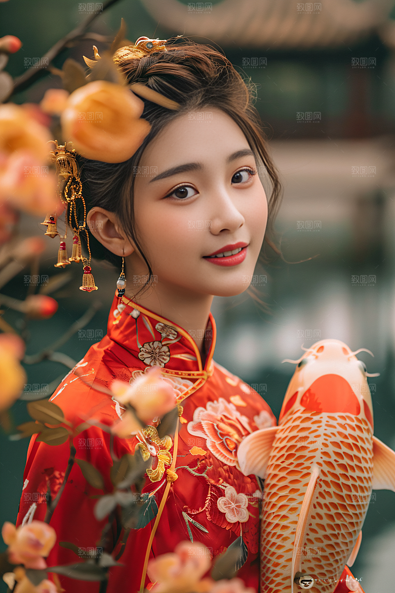 锦鲤汉服美女高清吉祥素材
