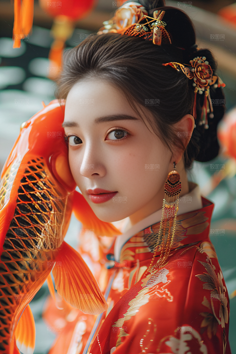 锦鲤汉服美女人像唯美素材