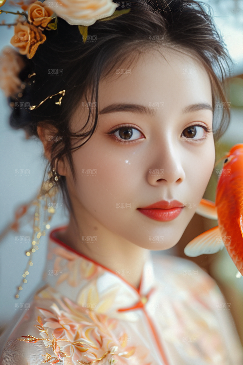 锦鲤汉服美女古风肖像素材