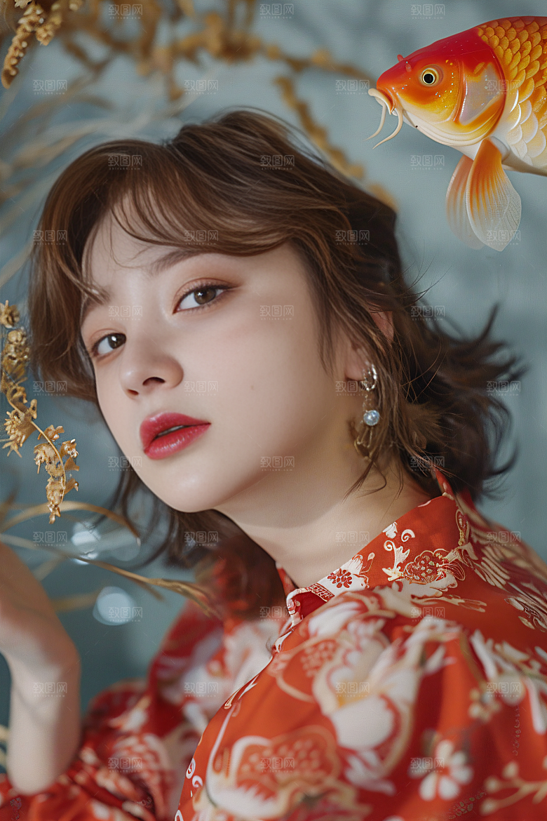 锦鲤汉服美女中国风古风素材
