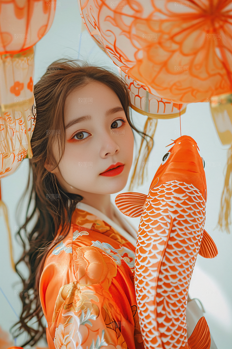 锦鲤汉服美女吉祥古风素材