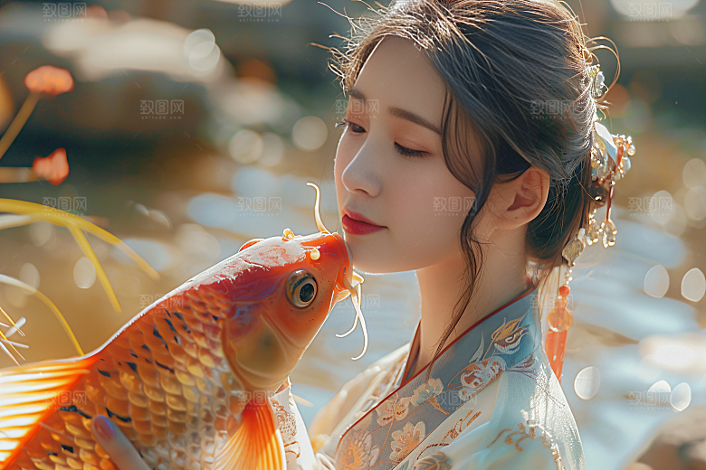 锦鲤汉服美女传统吉祥素材