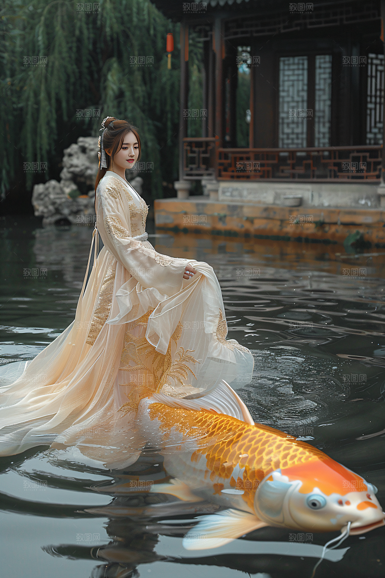 锦鲤汉服美女吉祥高清素材