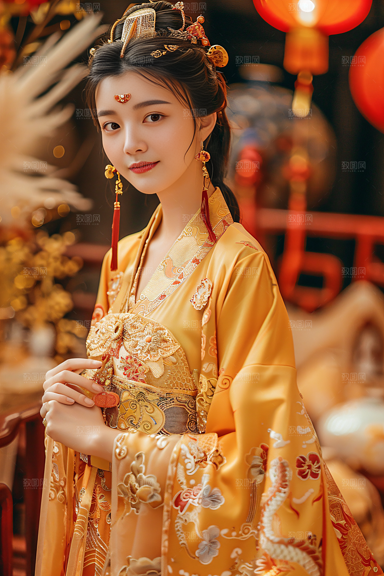 锦鲤汉服美女唯美吉祥素材
