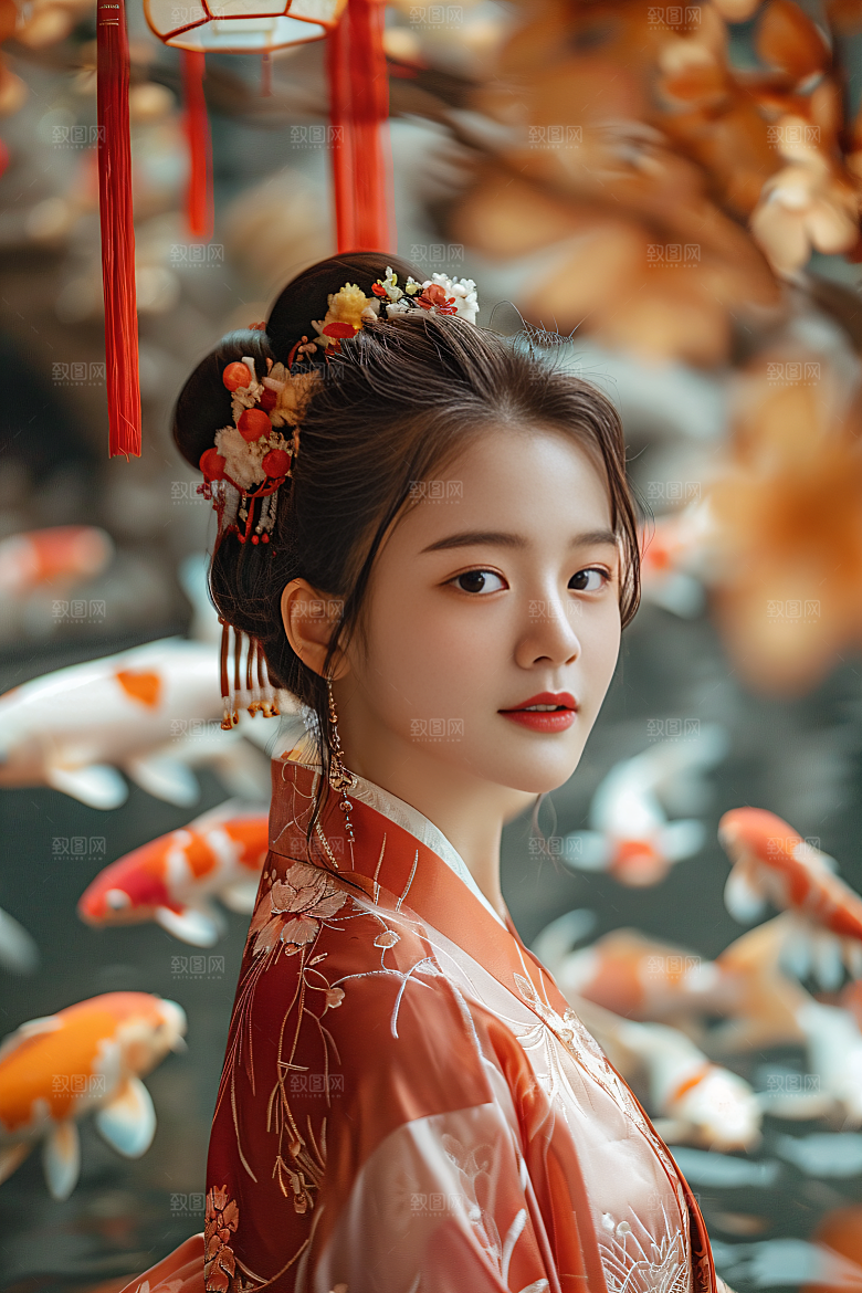 锦鲤汉服美女古风传统素材