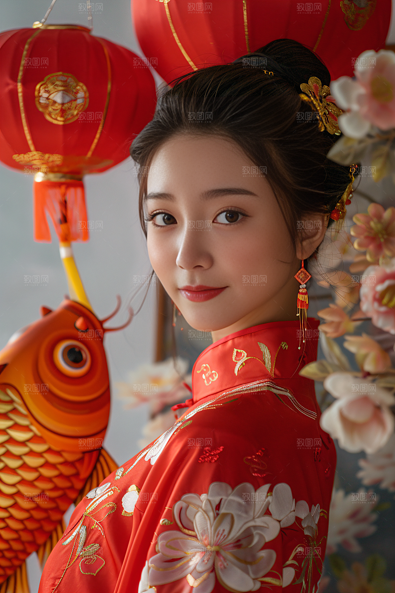 锦鲤汉服美女中国风优雅素材