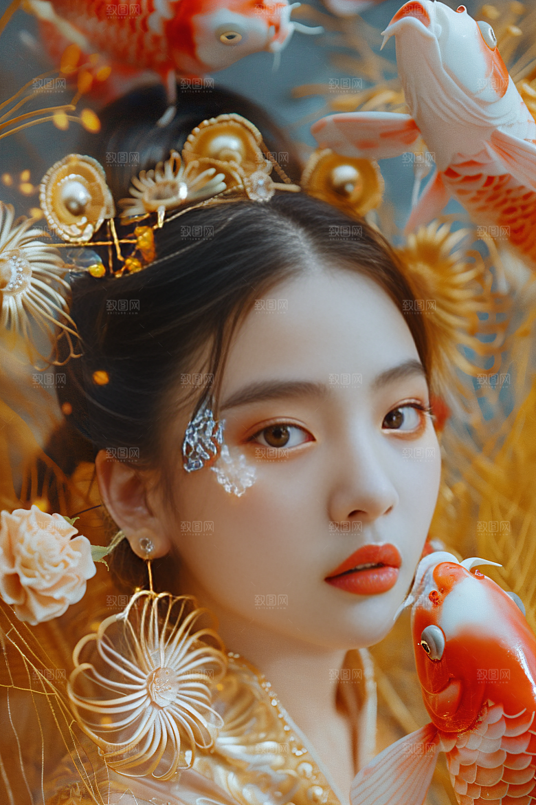 锦鲤汉服美女金鱼优雅素材