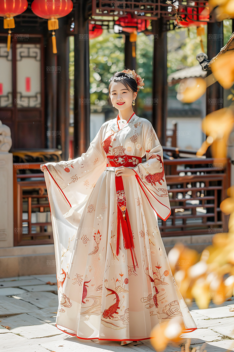 锦鲤汉服美女优雅古风素材