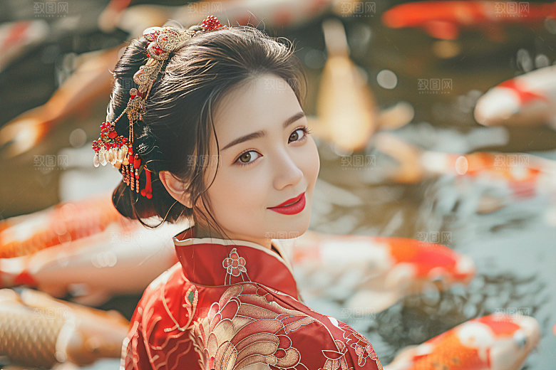 锦鲤汉服美女优雅吉祥素材