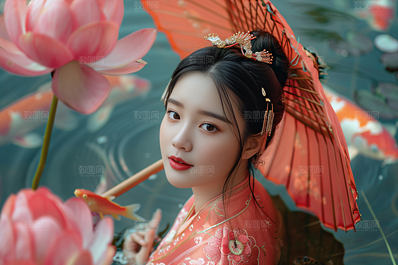锦鲤汉服美女人像古风素材