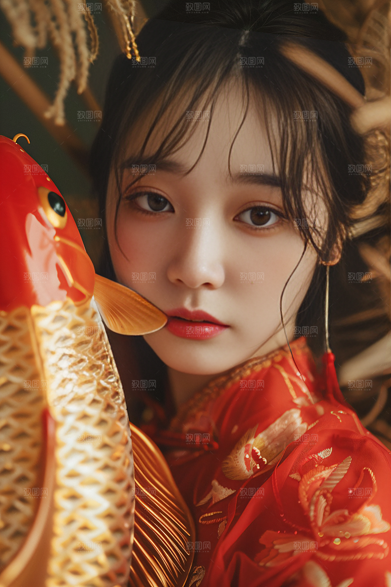 锦鲤汉服美女唯美高清素材